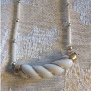 Vintage Mid Century Milk Glass Wire Wrapped Pendant Chain Necklace